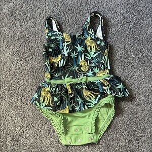 Ruffle Butts 18-24m. Girls Green Jungle Print One-Piece Swimsuit with Skirt